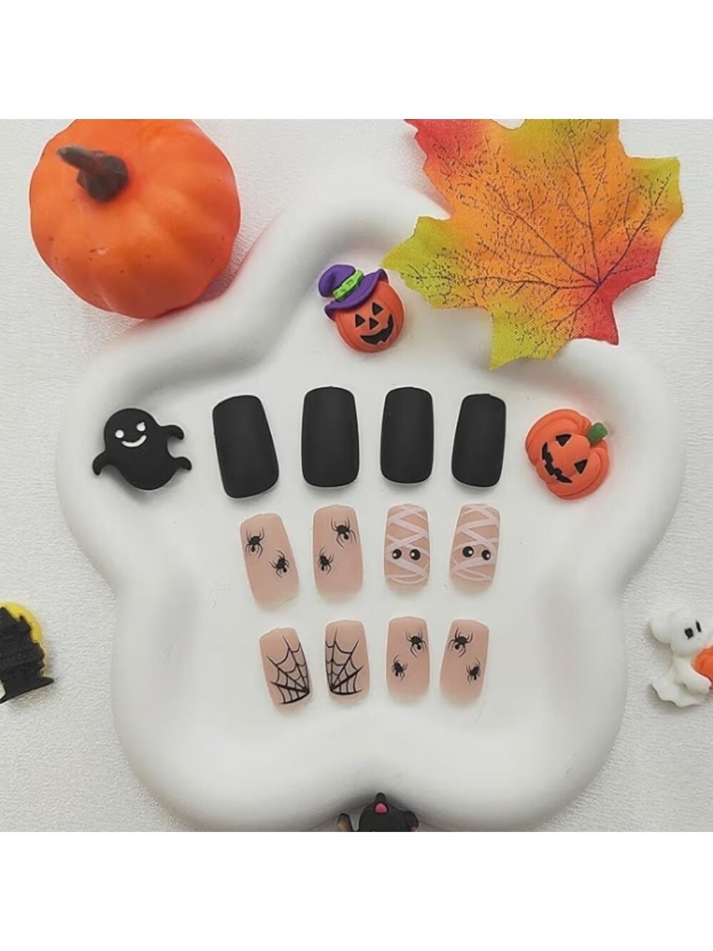 2/$10 Halloween Mummy & Spider Matte Nail Set - Black & Nude - Picture 5 of 7